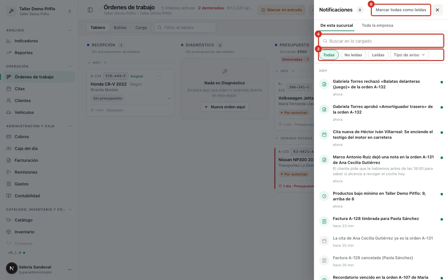 La bandeja de avisos abierta