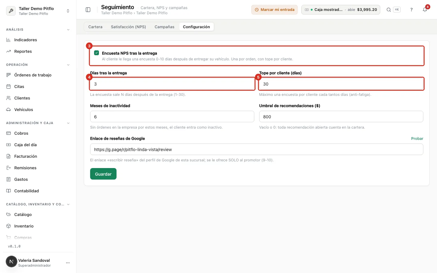 La configuración de la encuesta en Seguimiento