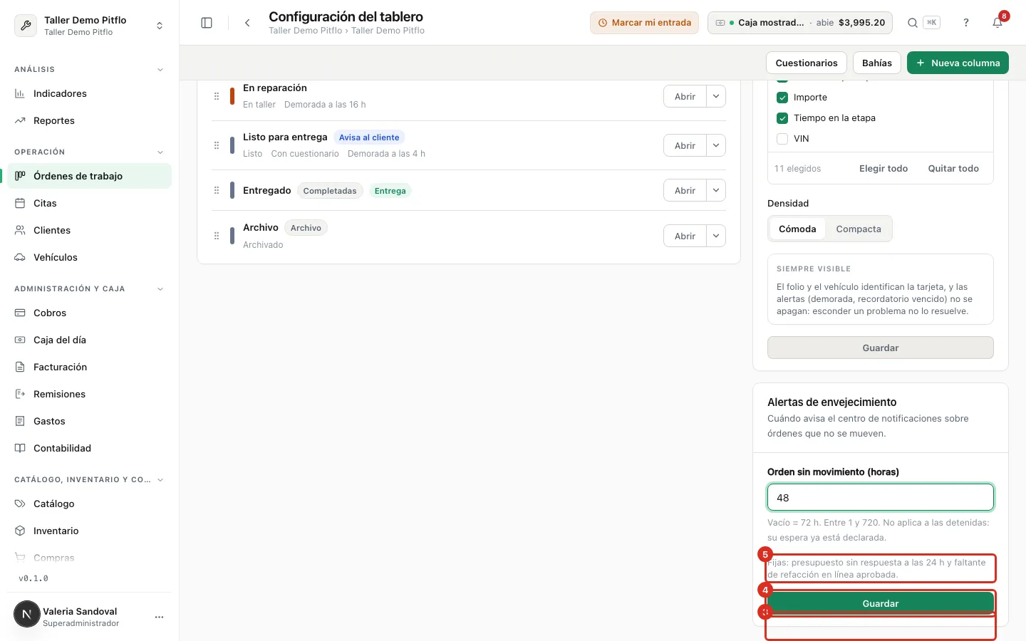 El panel Alertas de envejecimiento