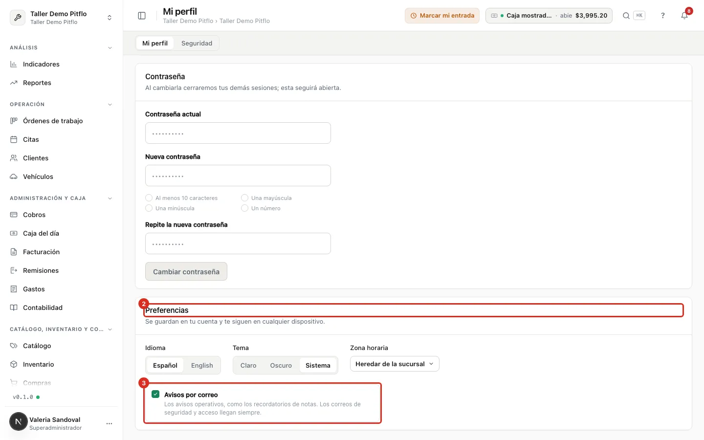 El interruptor de avisos por correo