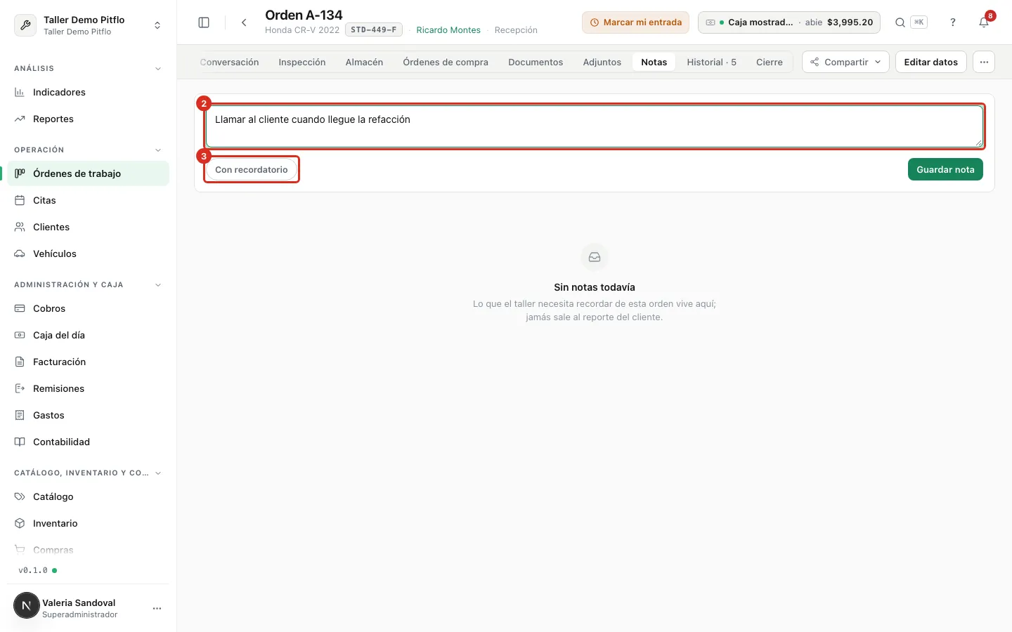 Cuadro de la nota y botón Con recordatorio