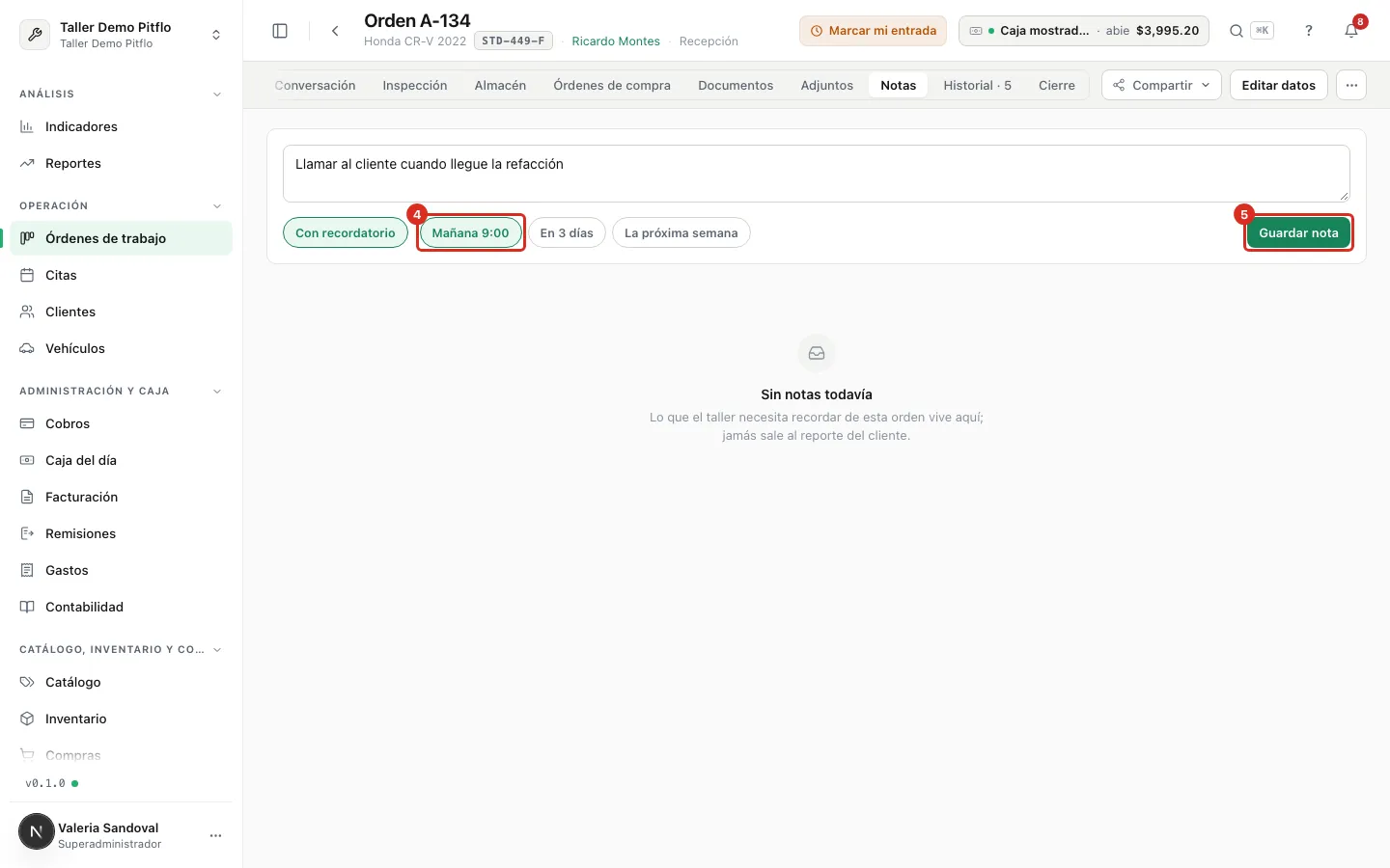 Plazo elegido y botón Guardar nota