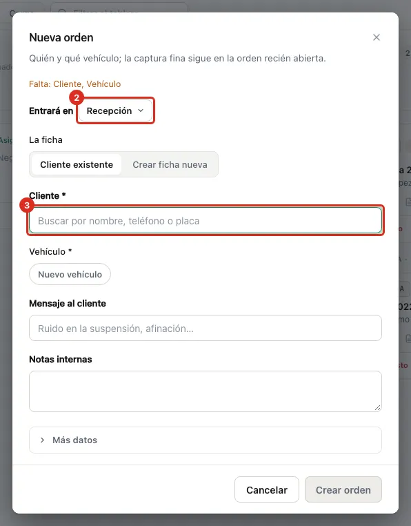 La ficha de la orden nueva