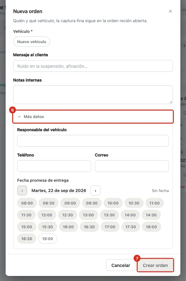 Más datos y Crear orden