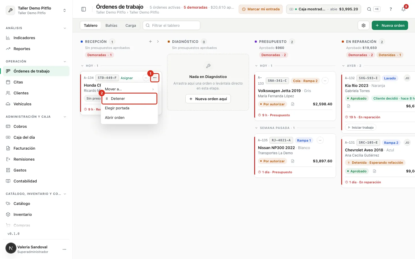 Menú de la tarjeta con la opción Detener