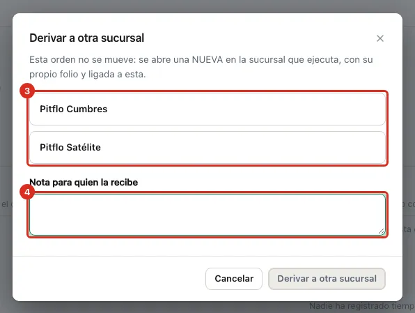 Elegir sucursal y escribir la nota