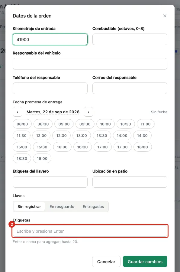 El campo Etiquetas de la orden