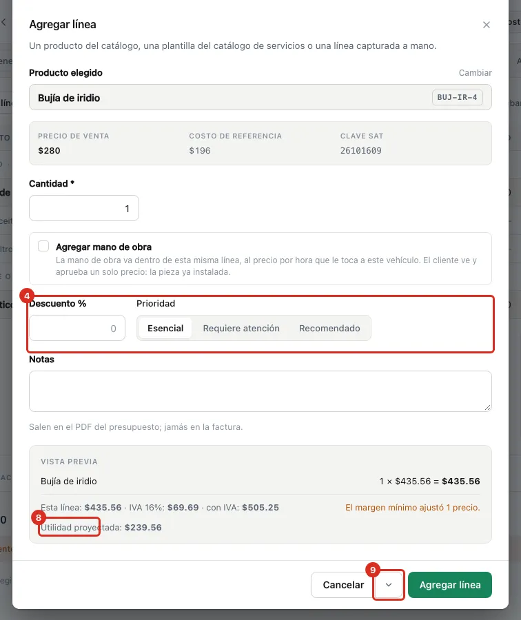 La vista previa con el precio que entra