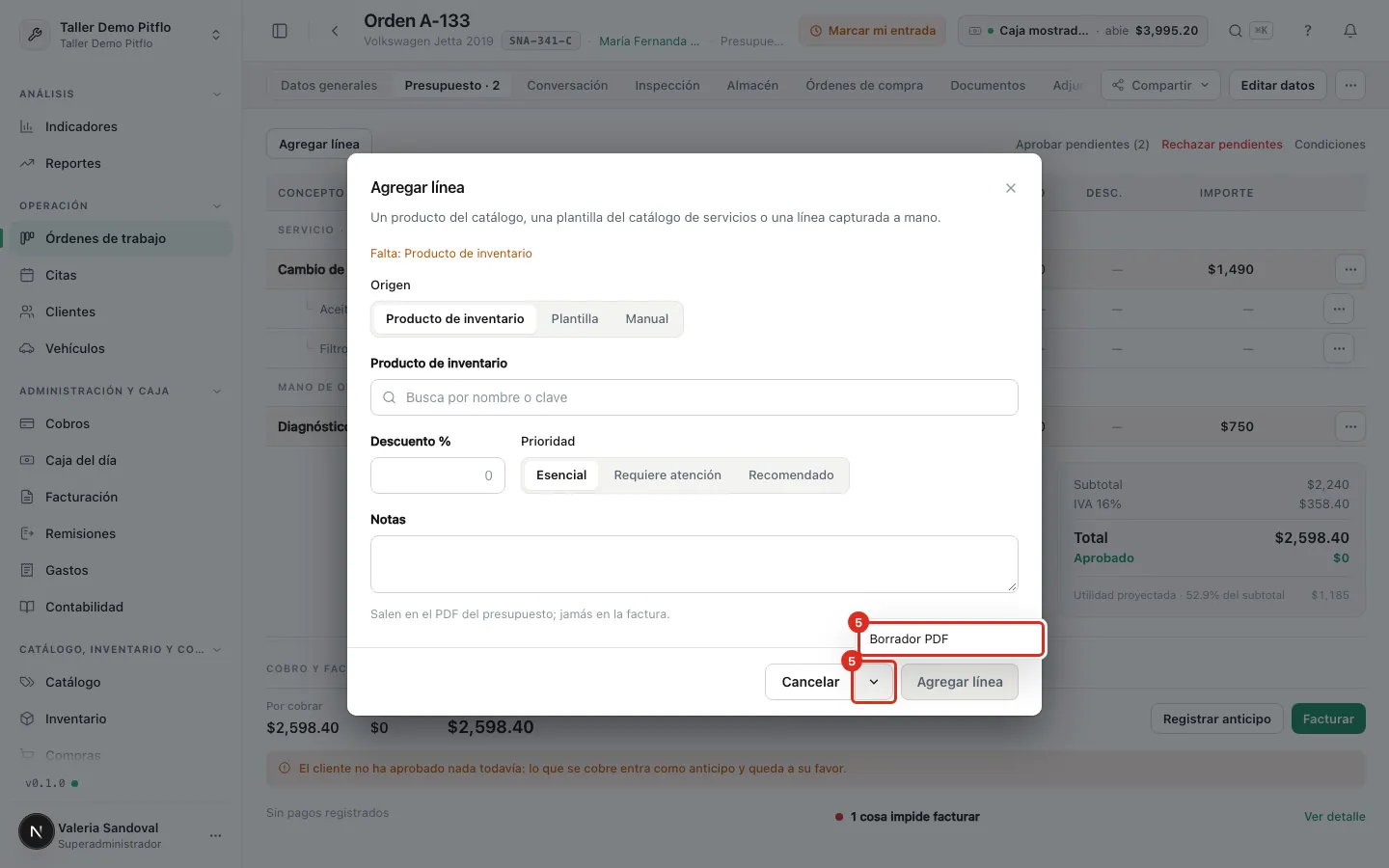 Borrador PDF en Agregar línea