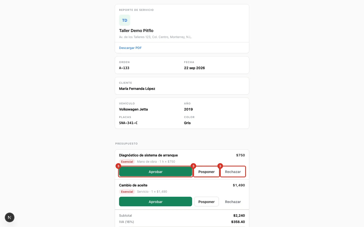 El presupuesto en el celular del cliente