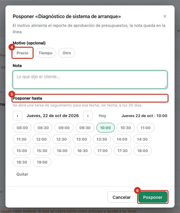 Motivo, nota y fecha al posponer