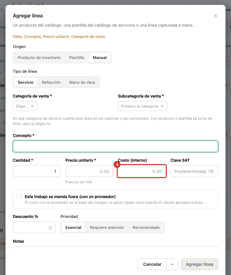 El costo de una línea capturada a mano