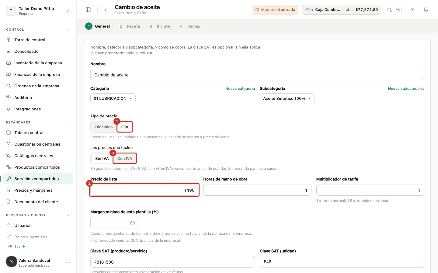 Tipo de precio Fijo y precio de lista