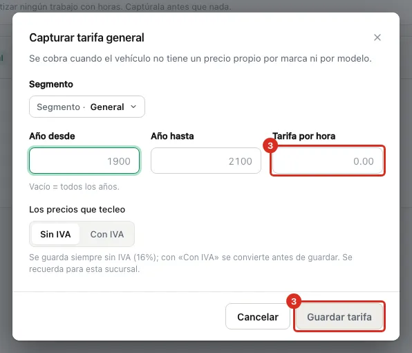 Capturar la tarifa general
