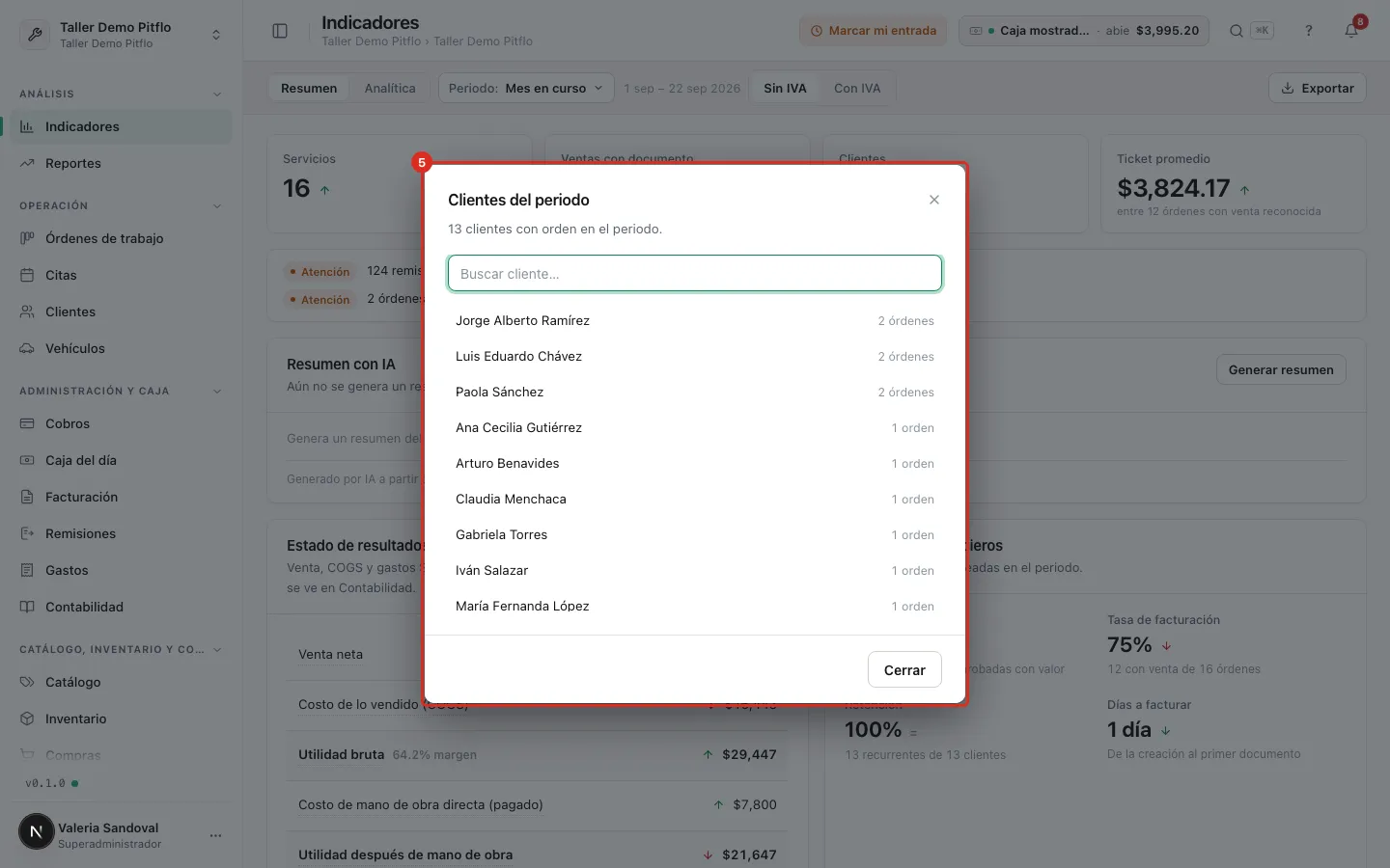 La lista de clientes del periodo