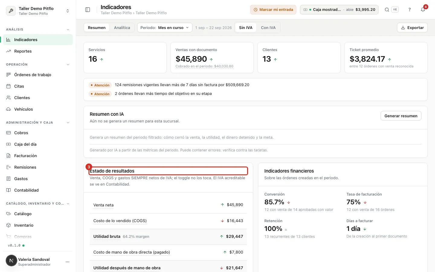 La tarjeta Estado de resultados