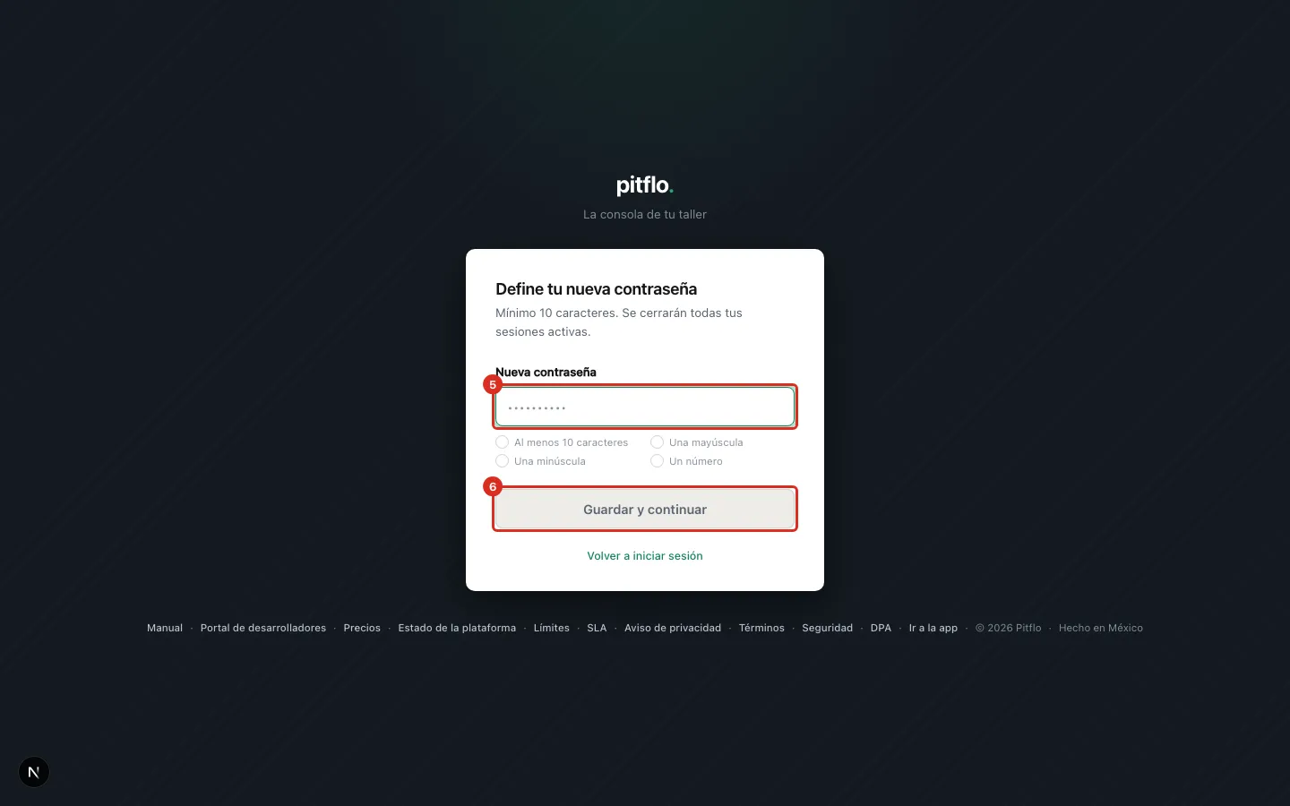 La pantalla Define tu nueva contraseña
