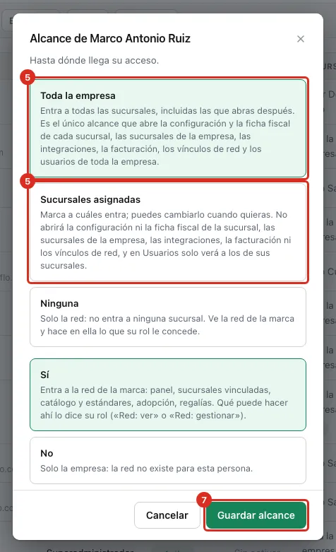 El diálogo del alcance con sus dos opciones