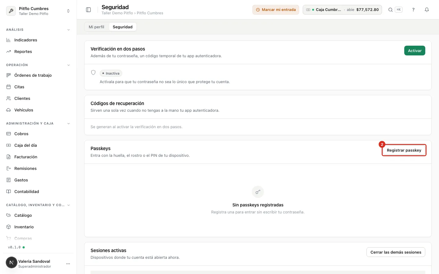El panel Passkeys con el botón Registrar passkey
