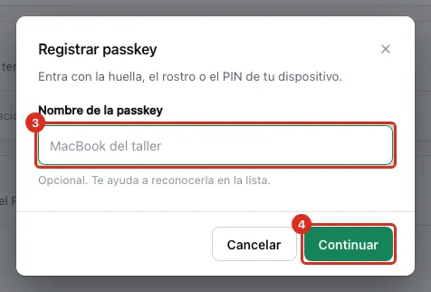 La ventana de alta con el nombre de la passkey