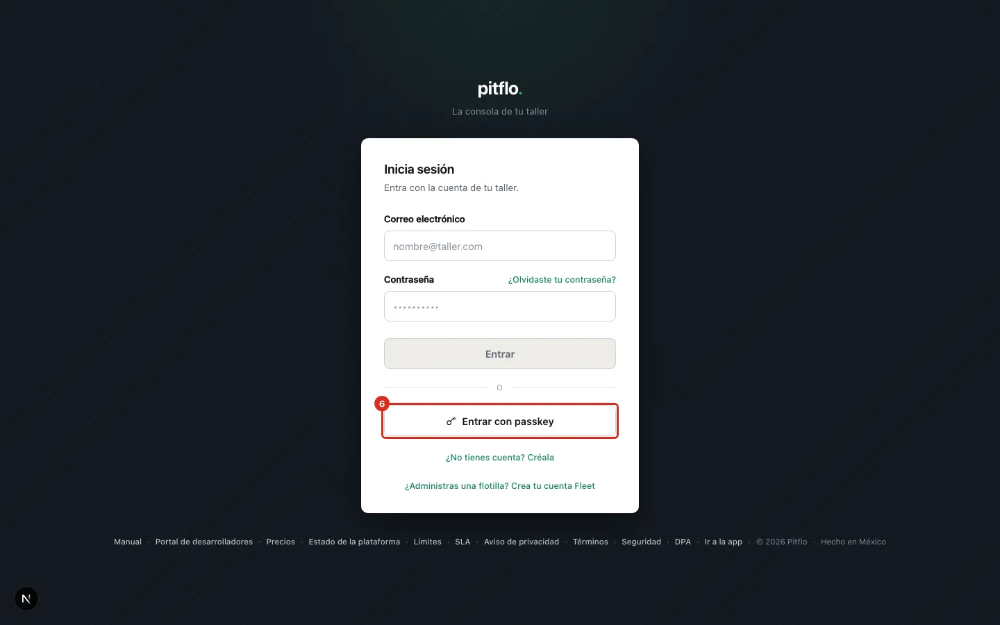 El botón Entrar con passkey en la pantalla de entrada