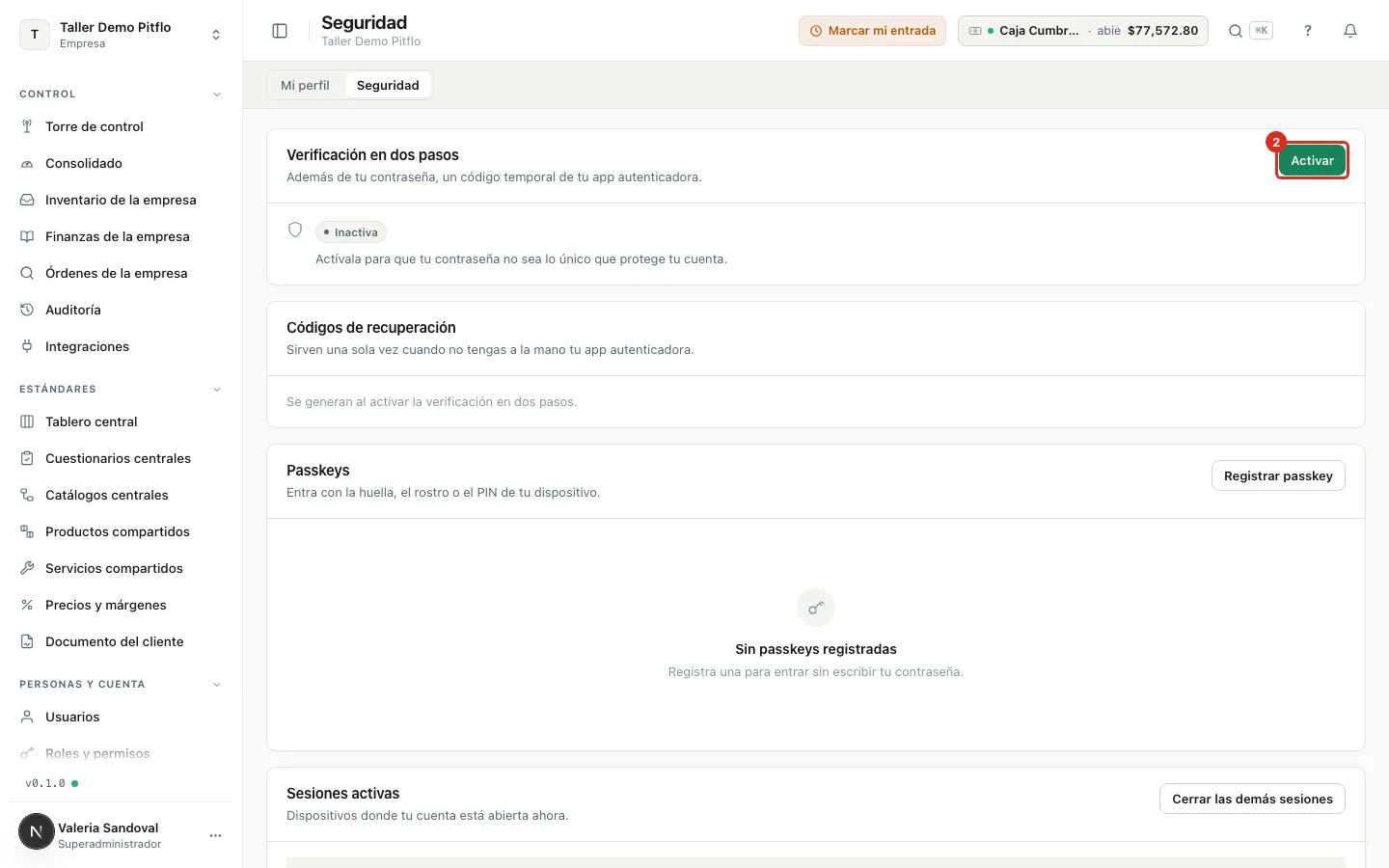 El panel Verificación en dos pasos con el botón Activar
