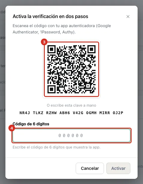 El código para escanear y el campo del código de 6 dígitos