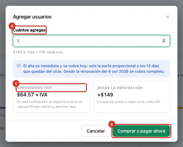 Diálogo Agregar usuarios con los dos importes