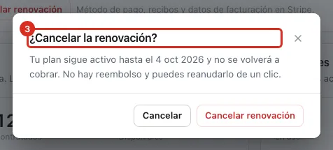 Confirmación de la cancelación con su fecha