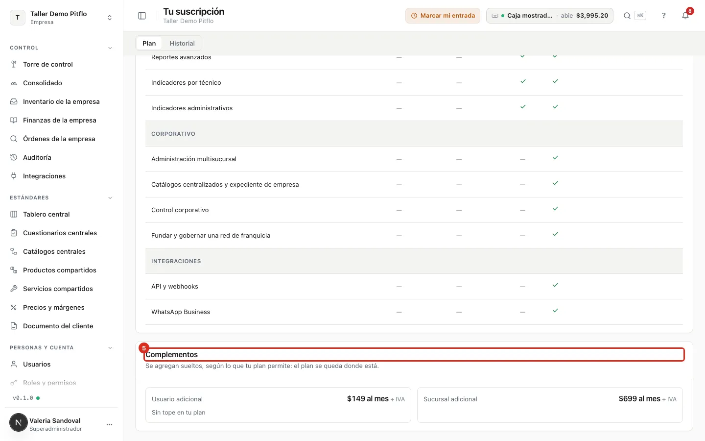 Complementos: usuario y sucursal adicionales