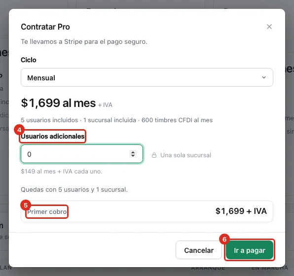 Diálogo para contratar: adicionales, primer cobro e Ir a pagar
