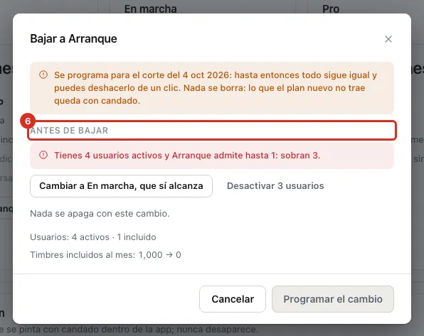 Bloque Antes de bajar dentro del cambio de plan
