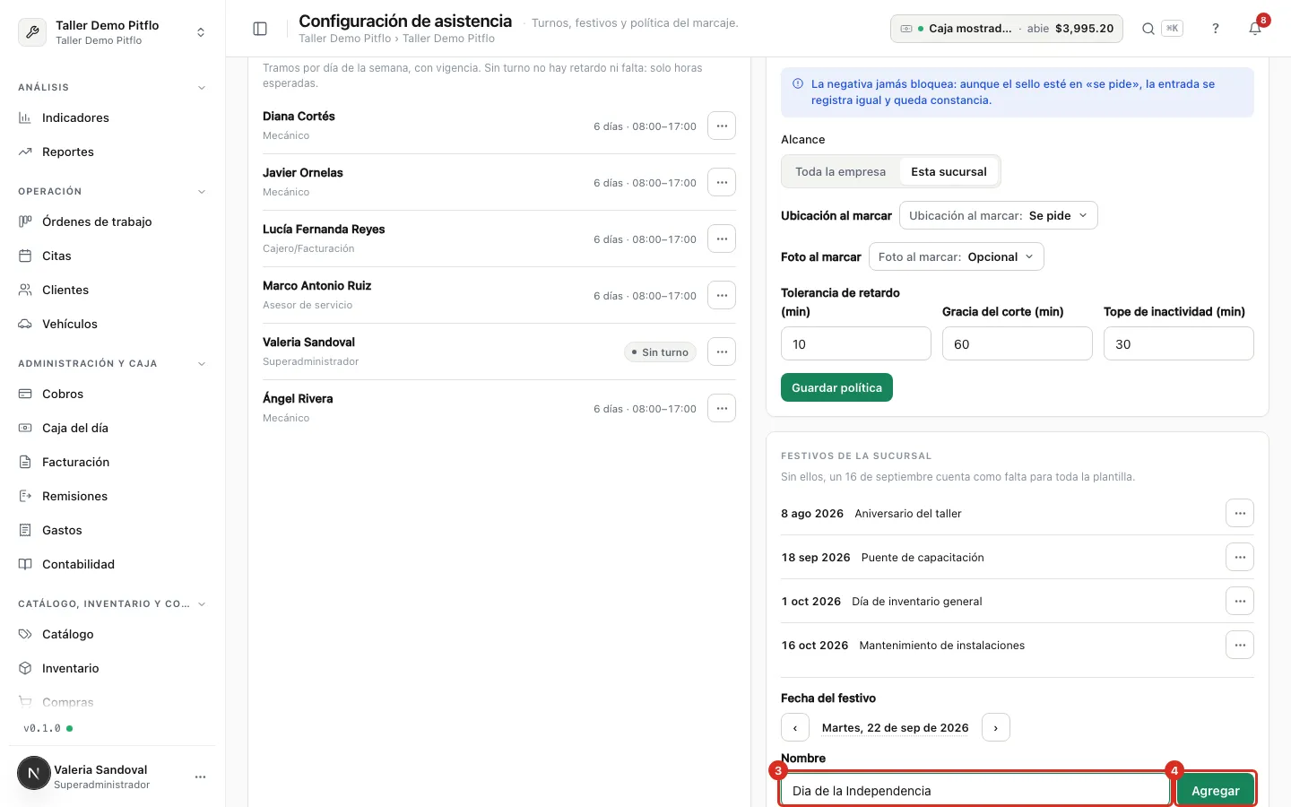 El nombre del festivo y el botón Agregar