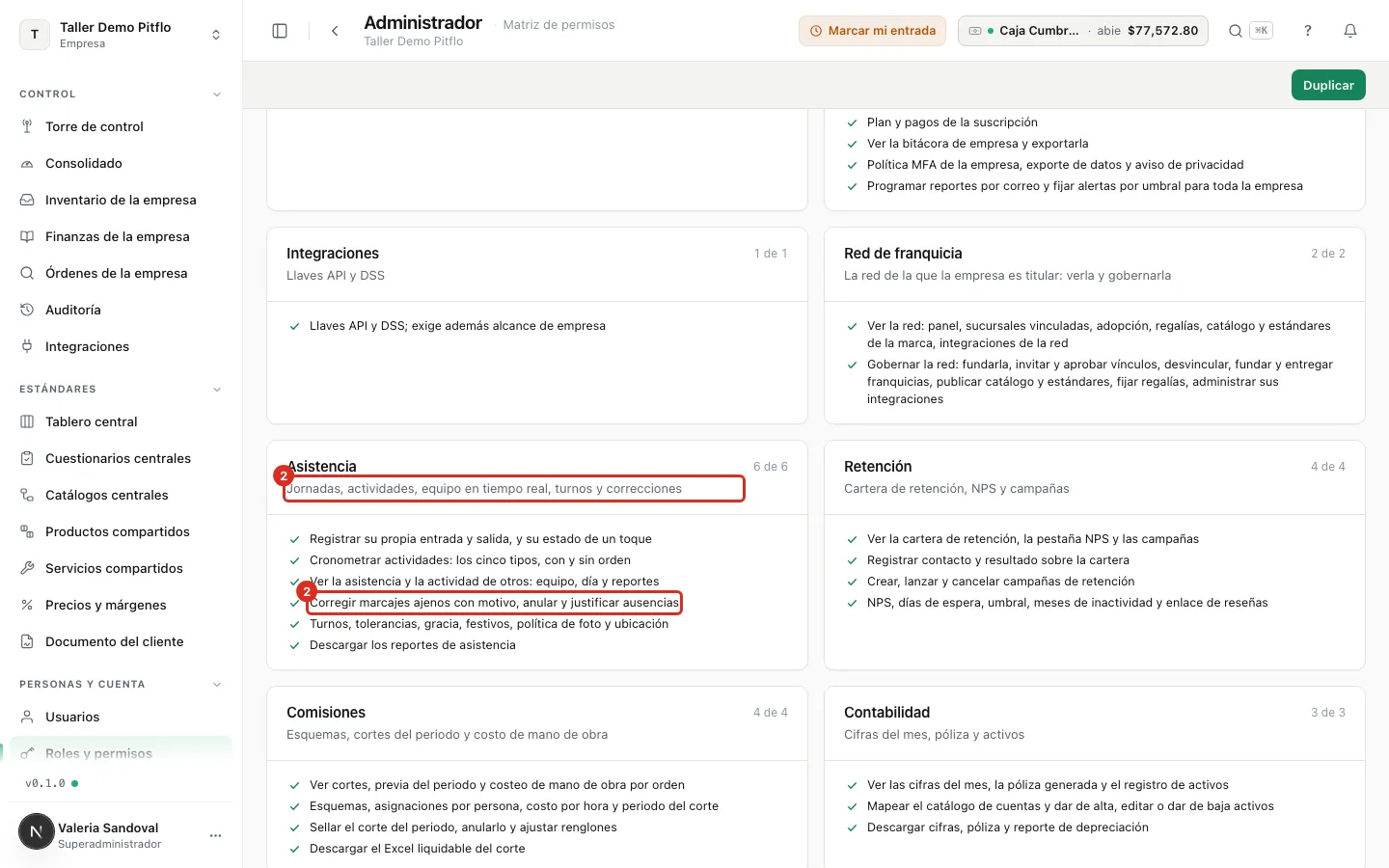 El módulo Asistencia en la matriz del Administrador