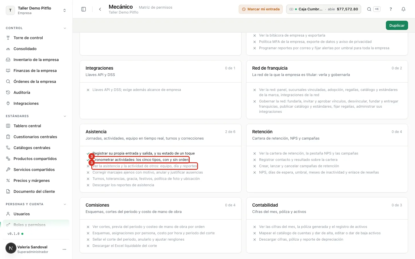 El módulo Asistencia en la matriz del Mecánico