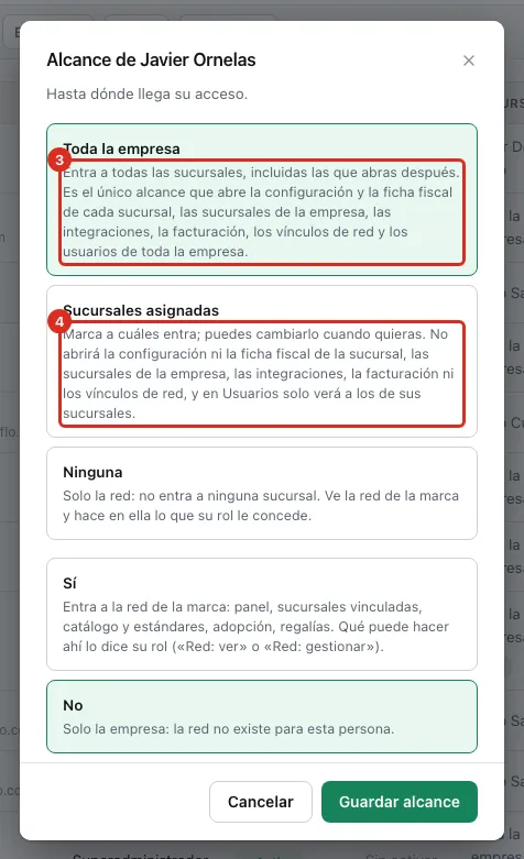 Las dos opciones del alcance, con lo que abre cada una