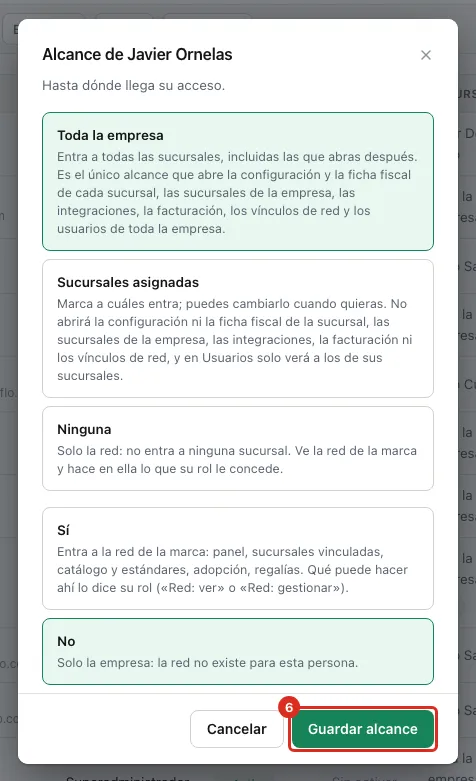 El botón Guardar alcance