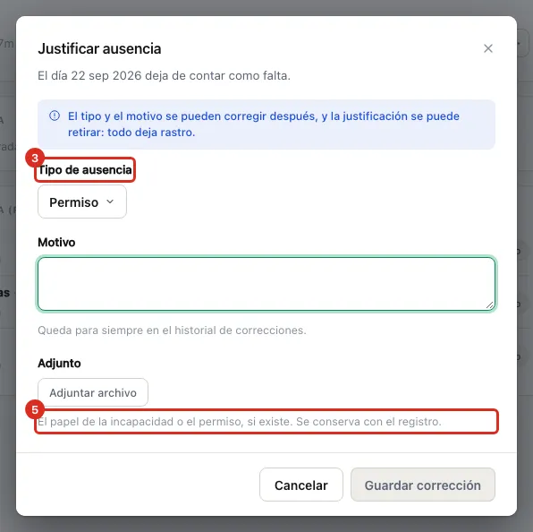 El diálogo con el tipo de ausencia y su adjunto