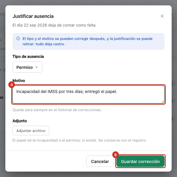 El motivo y el botón Guardar corrección