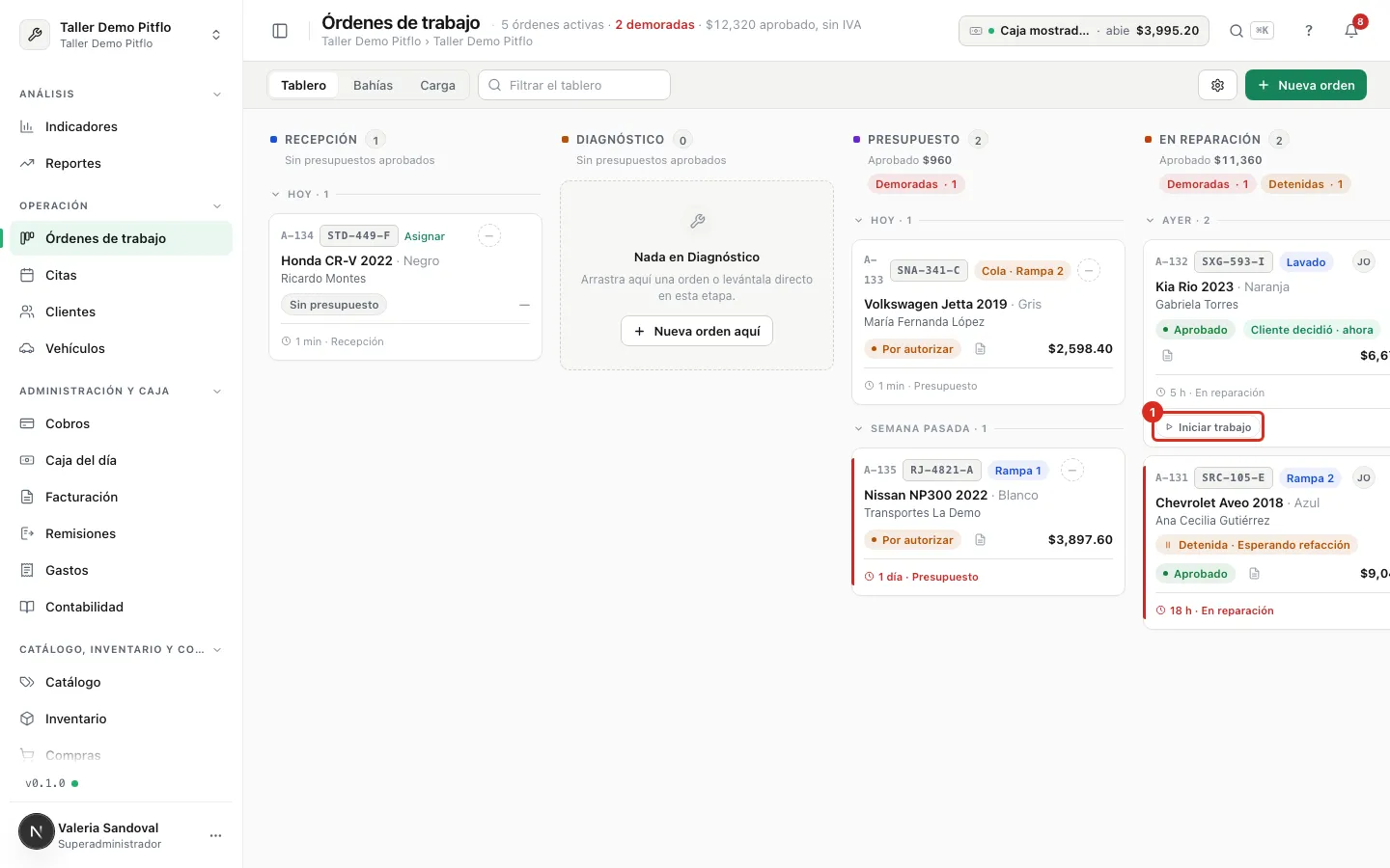 El botón Iniciar trabajo en la tarjeta de la orden