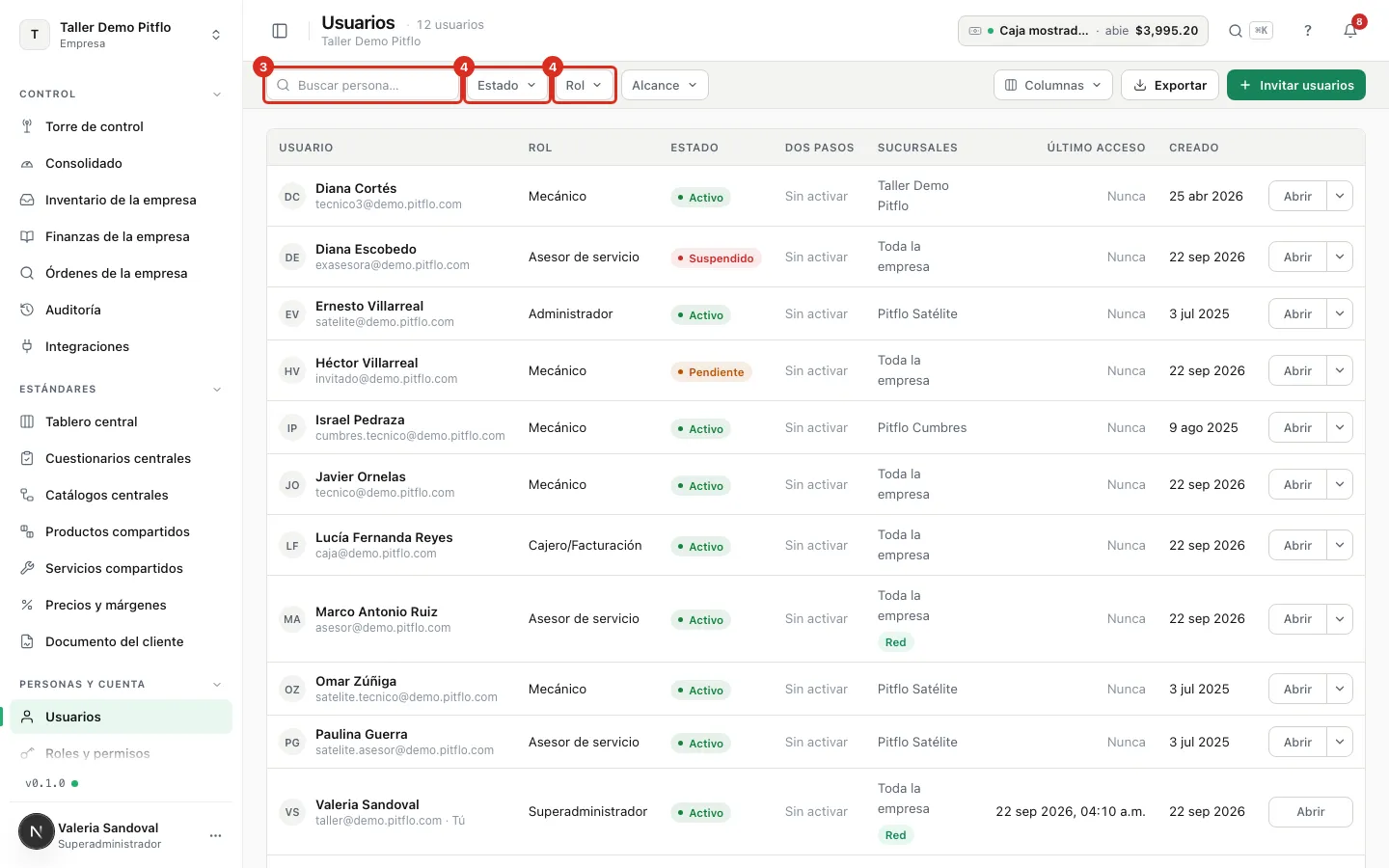 La lista de usuarios con su buscador y sus filtros