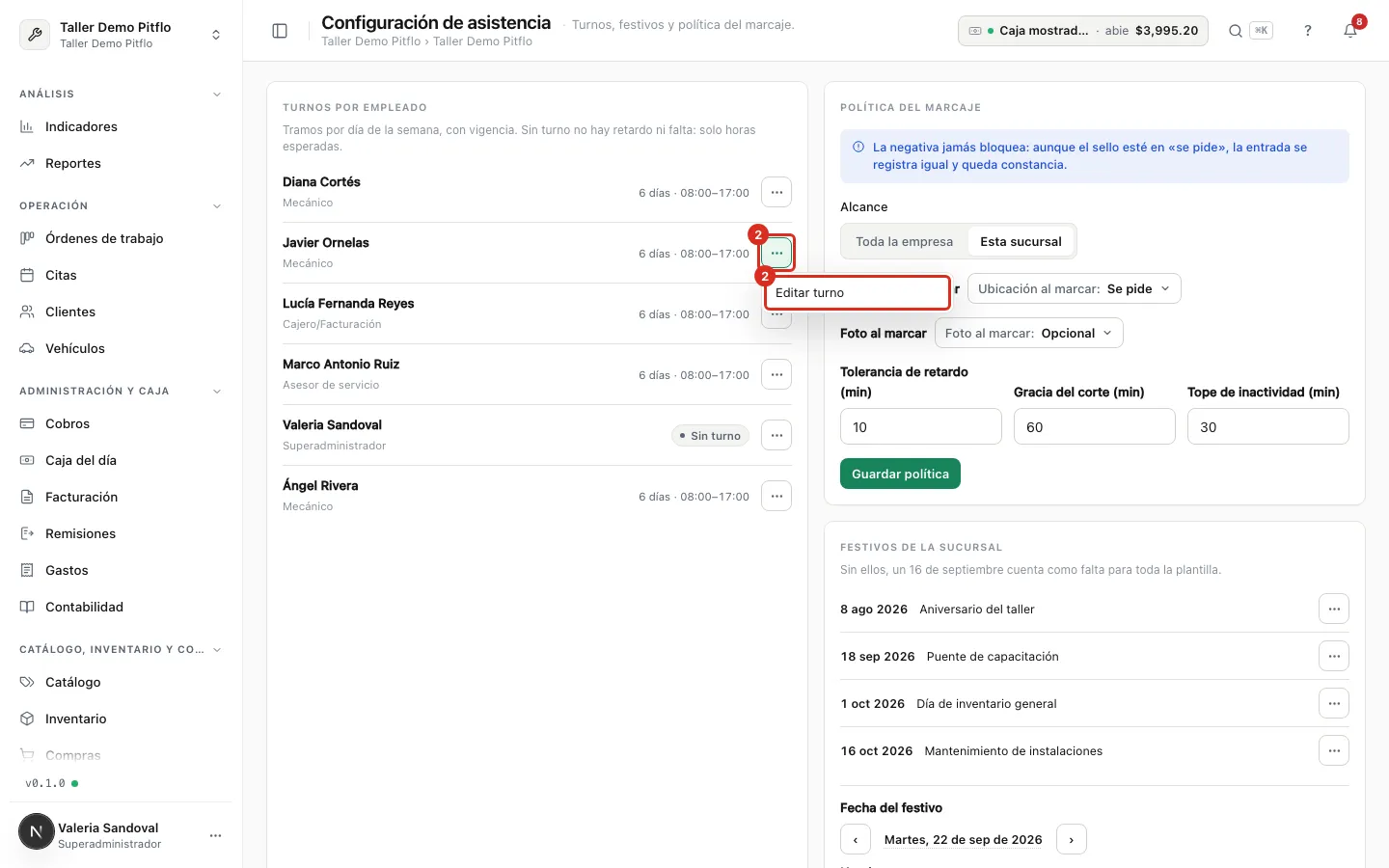 El menú Editar turno de una persona