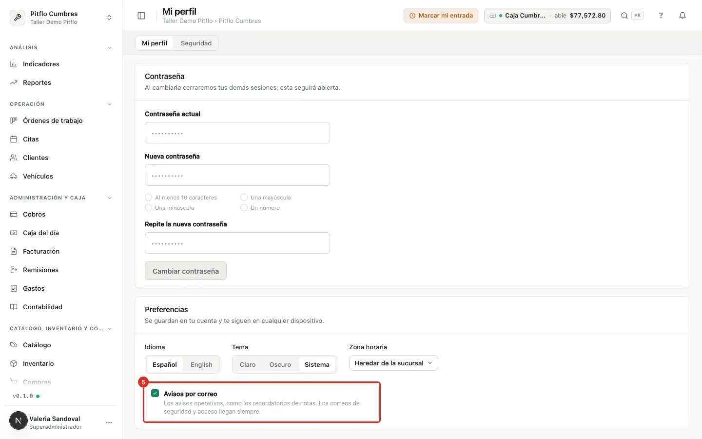 El interruptor de Avisos por correo